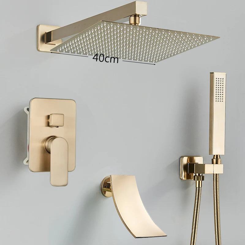 Wall Mounted Concealed Install Brushed Gold Shower Faucets Set Bathroom Shower System Shower Mixer Tap Rainfall Shower Faucet