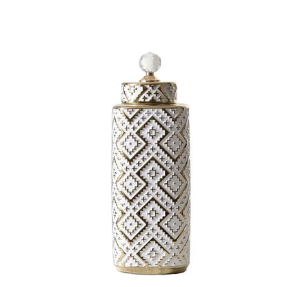 Jarrón decorativo DecorBites™ con relieve dorado geométrico - Jarrón de cristal de cerámica