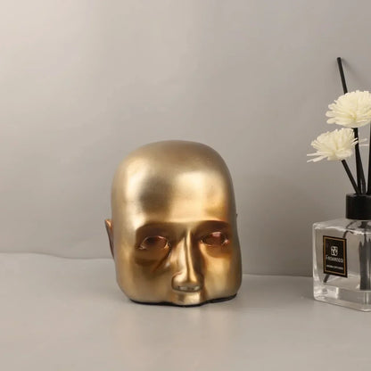 DecorBites™ Escultura de resina de medio rostro Golden Head, retrato abstracto, figura decorativa para el hogar