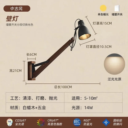 Lámpara de pared DecorBites™ LED de brazo articulado y poste largo, madera maciza, ajustable, diseño industrial