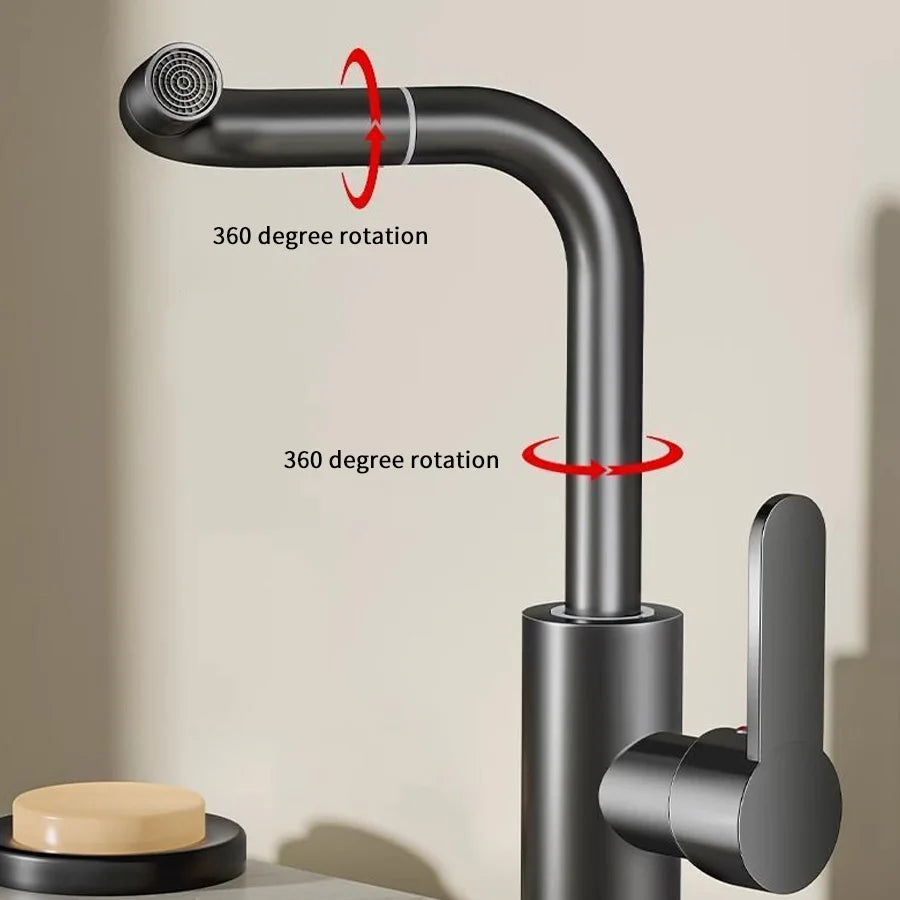 Modern matte black stainless steel kitchen faucet with a sleek curved spout and 360-degree rotating head.