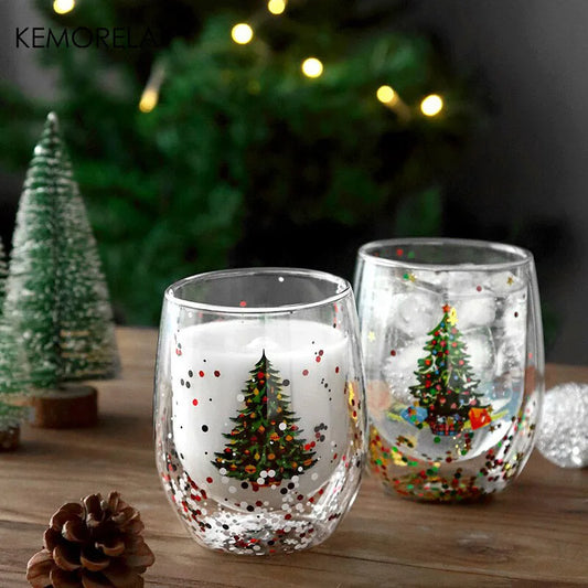 DecorBites™ Double Wall Glass Mug - Festive Heat-Resistant Cup for Coffee or Water