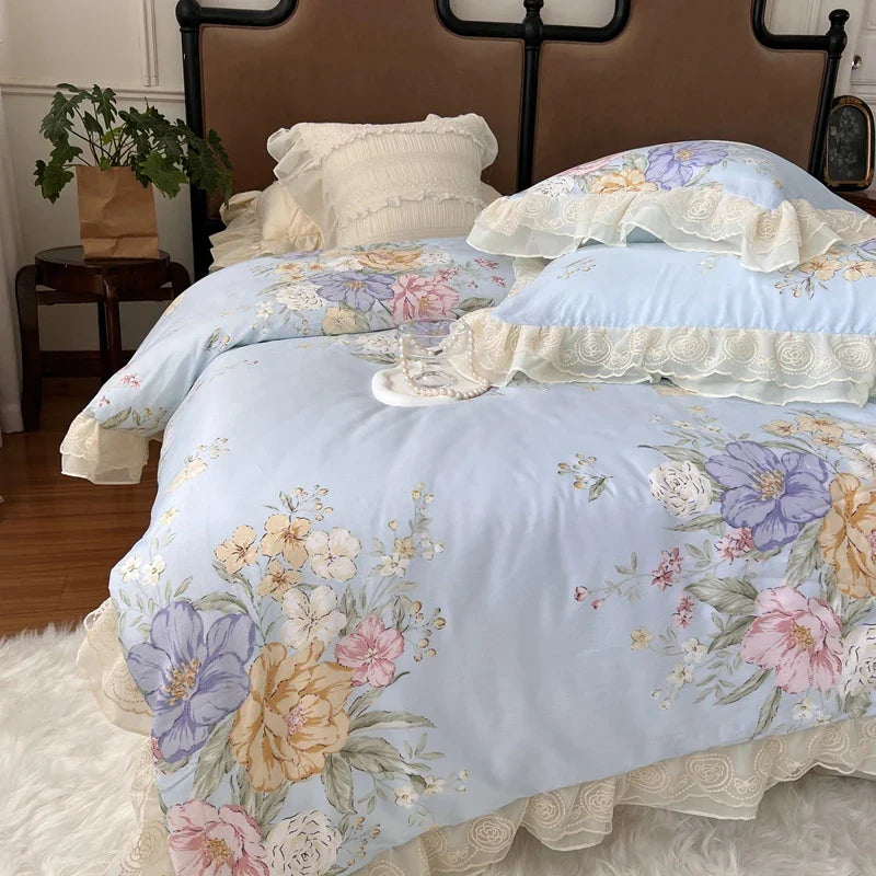 Decobites Vintage French Rose Flowers Double Layer Lace Ruffles Bedding Set