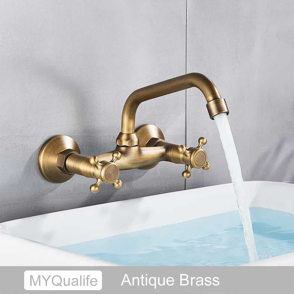 DecorBites™ Antique Brass Dual Handle Wall Mount Kitchen Faucet