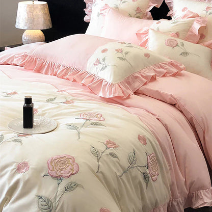 Decobites Vintage Pink Red Rose Flowers Embroidery Bedding Set with Ruffles