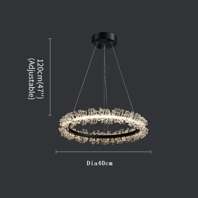 Lámpara de araña LED DecorBites™ con anillo de cristal dorado para decoración del hogar. Ideal para sala de estar, comedor y dormitorio de lujo.