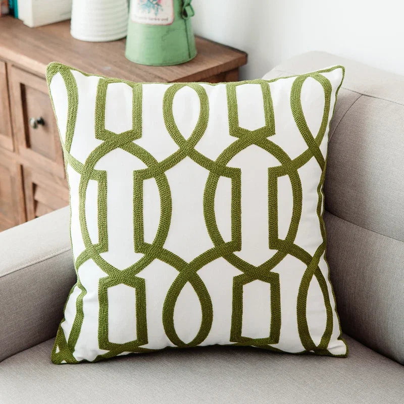 DecorBites™ Green Geometric Canvas Cotton Embroidered Cushion Cover 45x45cm