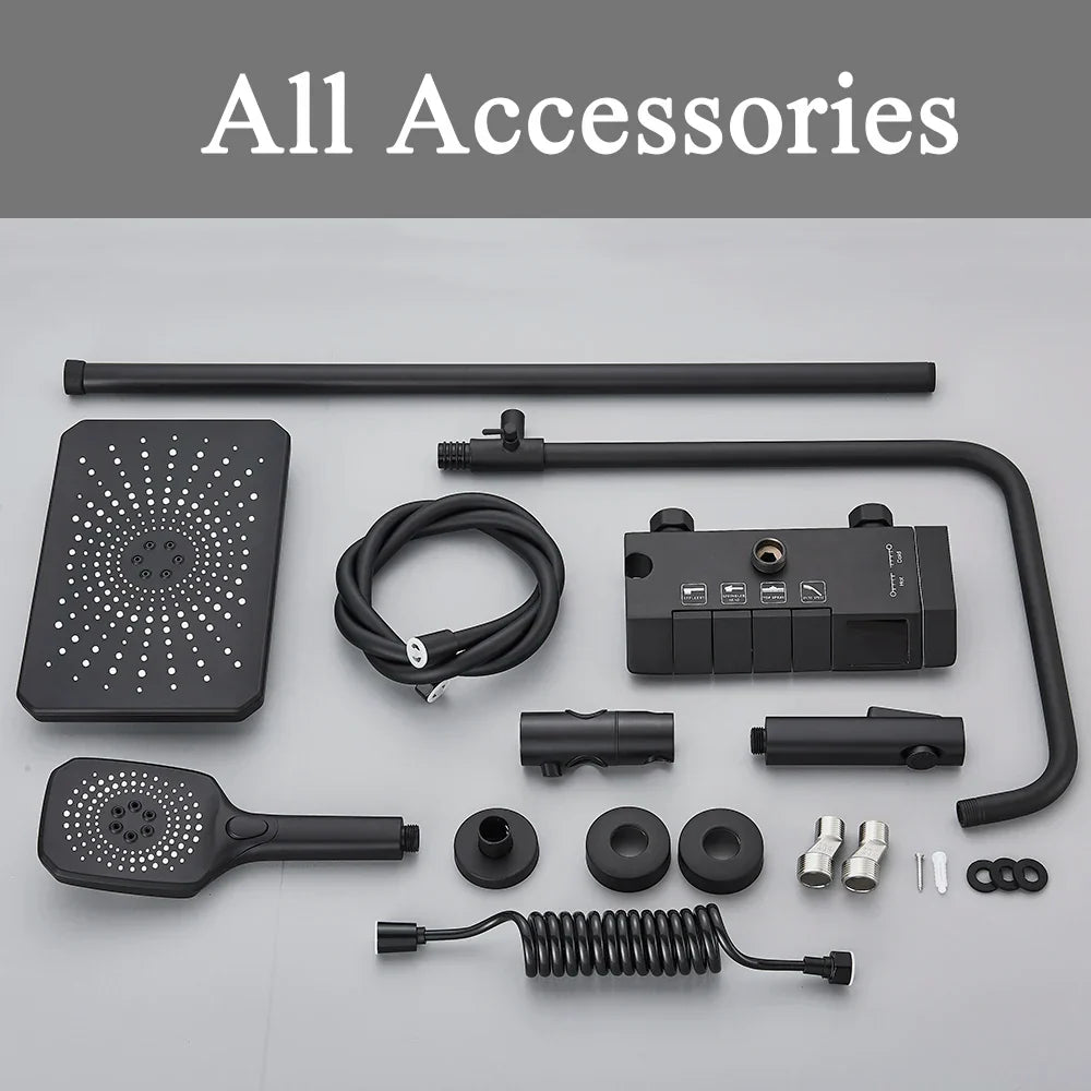 نظام دش DecorBites™ Black Piano الرقمي مع صنابير نحاسية ذكية ودش مطري أبيض