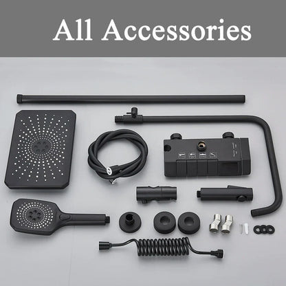 نظام دش DecorBites™ Black Piano الرقمي مع صنابير نحاسية ذكية ودش مطري أبيض