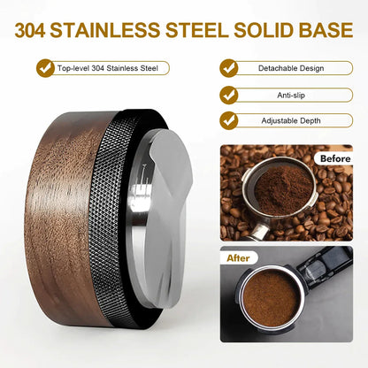 DecorBites™ Espresso Distribution Tool & Tamper - Adjustable Depth, Wooden, 51/53/58mm Sizes