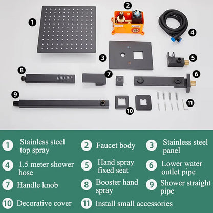 Sistema de ducha mural DecorBites™ negro con teleducha - Grifo de agua de lluvia de 12/16 pulgadas