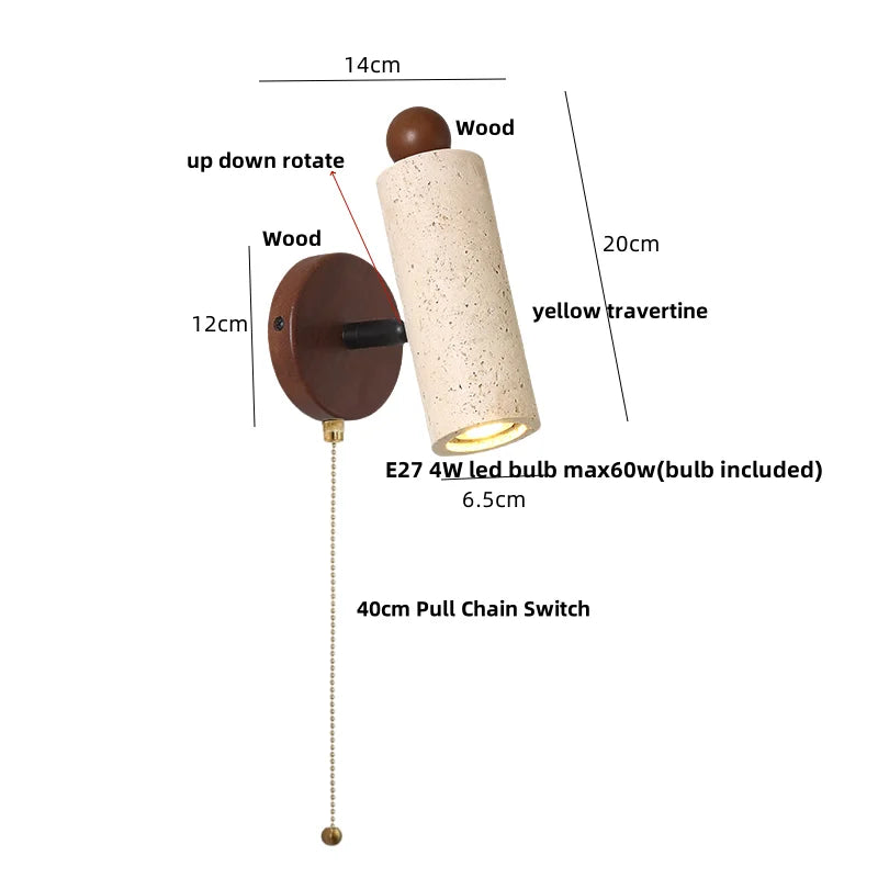 Aplique de pared LED DecorBites™ de madera de travertino amarillo, estilo nórdico moderno, con función de rotación.