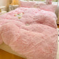 Decobites Shaggy Faux Rabbit Fur Bedding Set: Cozy Gradient Coral Fleece Quilt, Duvet Cover, Pillowcases