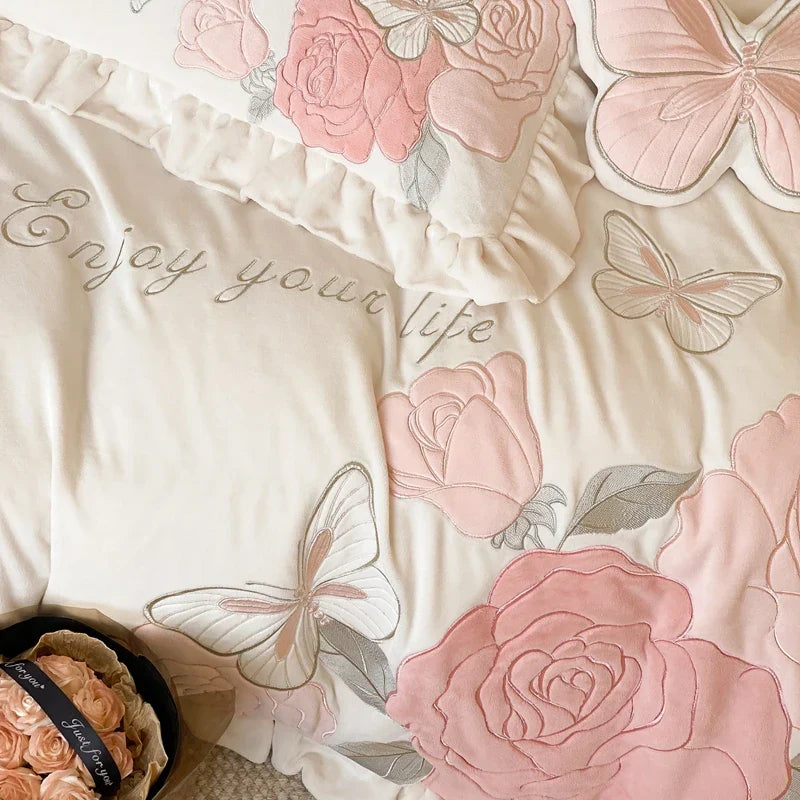 Juego de Edredón Princesa con Volantes de Encaje Decorbites™ , Bordado de Flores de Mariposas, Ropa de Cama Acogedora con Sábana y Fundas de Almohada