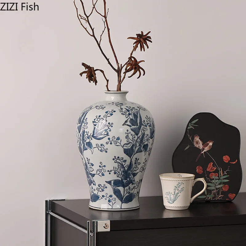 DecorBites™ Blue White Porcelain Vase Plant Pots Room Decor Flowers Arrangement