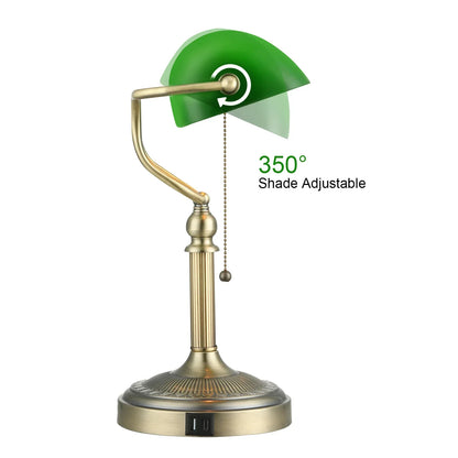 DecorBites™ Green Glass Bankers Desk Lamp with USB Charging Port and Pull Chain Switch