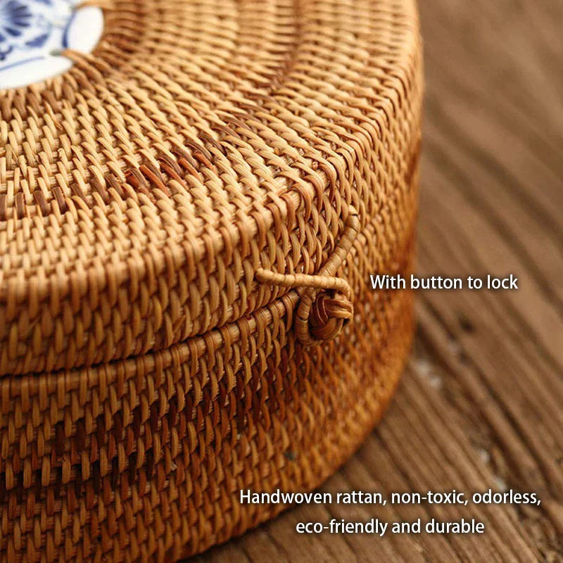 DecorBites™ Handwoven Rattan Storage Box with Lid - Kitchen Organizer & Decorative Basket