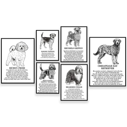 DecorBites™ Dog Breeds Poster: Chinese Crested, Chesapeake Retriever, Brussels Griffon, + More