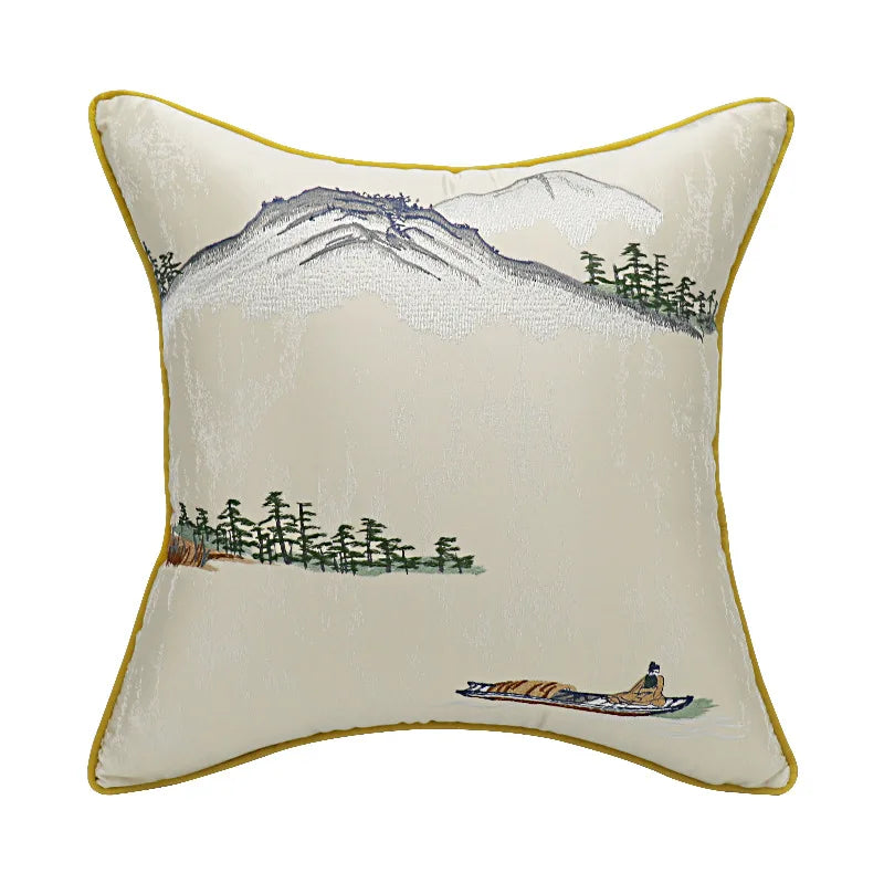 DecorBites™ Chinese Ancient Art Chinoiserie Landscape Embroidered Lumbar Pillow Cover