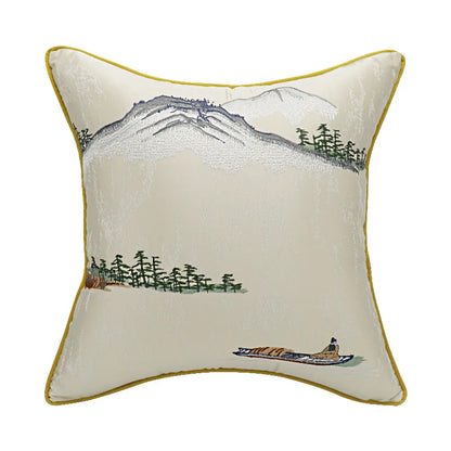 DecorBites™ Chinese Ancient Art Chinoiserie Landscape Embroidered Lumbar Pillow Cover