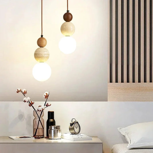 Cream Stone and Wood Bauhaus Pendant Light