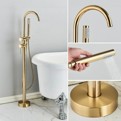 DecorBites™ Brushed Gold Freestanding Bathtub Shower Mixer with Handshower