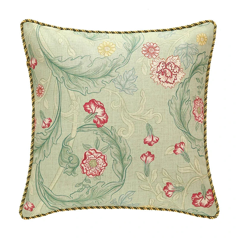 Funda de cojín lumbar DecorBites™ de lino francés con estampado de flores y pájaros, verde hada
