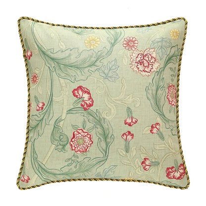 Funda de cojín lumbar DecorBites™ de lino francés con estampado de flores y pájaros, verde hada