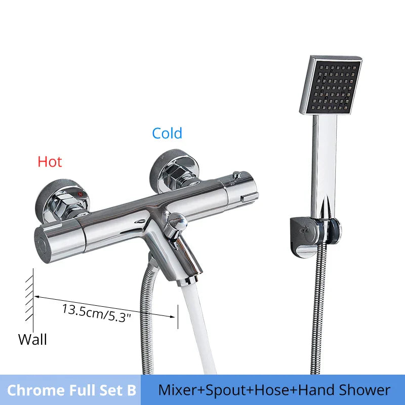 طقم دش ترموستاتي DecorBites™ أسود/كروم مع خلاط مثبت على الحائط من النحاس مع بخاخ