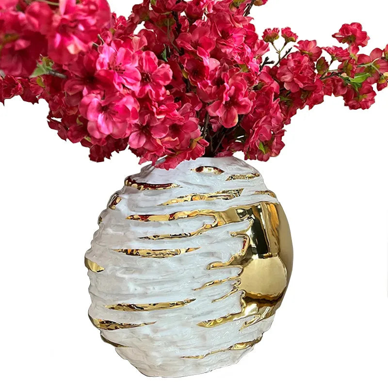 DecorBites™ Golden Ceramic Vase for Wedding and Home Decor