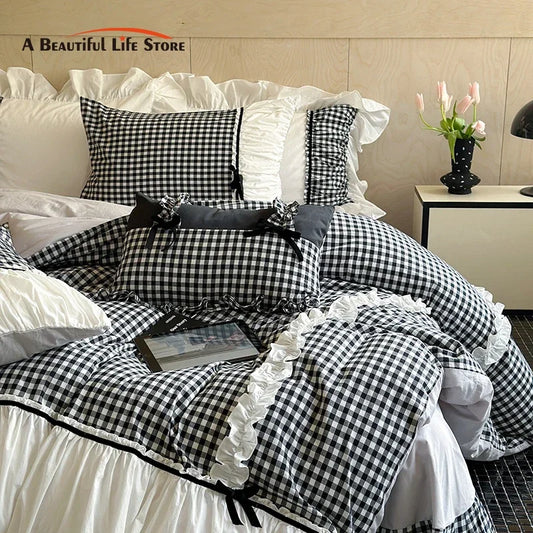 Decobites Checkered Ruffle Pleat Bedding Set with Bow Decoration