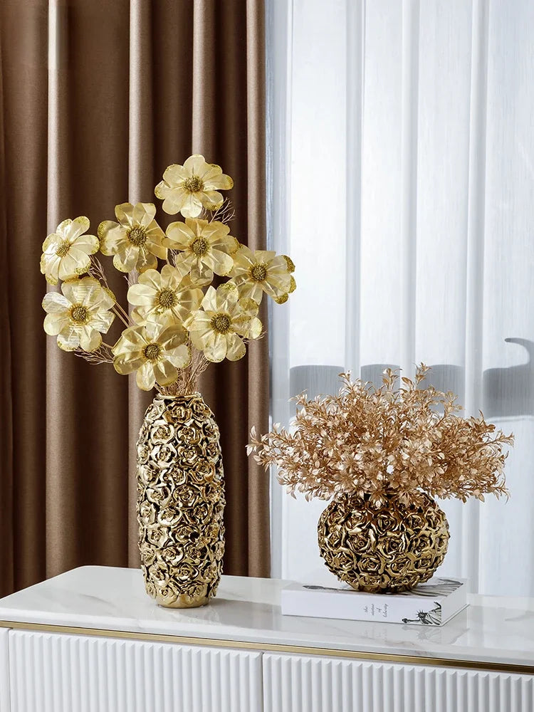 DecorBites™ Elegant Gold Ceramic Rose Vase for Modern Home Decor & Wedding Centerpieces