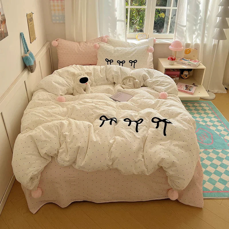 Decorbites™ Koreanische Prinzessin Bogen-Gitter Pompon-Bettwäsche-Set - Einzelbett Queen-Größe