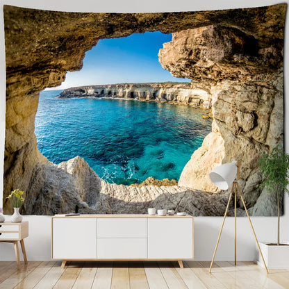 Decobites Coastal Cave Tapestry Wall Hanging - Boho Seaside Landscape Room Decor