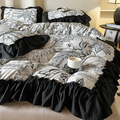 Decobites French Vintage Black Ruffles Duvet Cover Set with Pillowcases, Nordic Luxury Flowers Plant Bedding Set