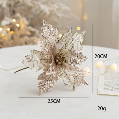 1PC Christmas Gold Silver Imitation Flower Xmas Tree Sequins Artificial Flowers DIY Ornaments for Festival Party New Year Decor