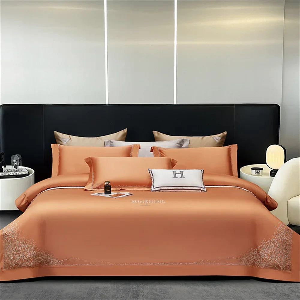 DecorBites™ Jacquard Embroidery Egyptian Cotton Satin Bedding Set with Elastic Sheet