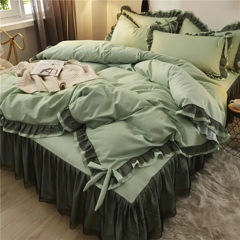 DecorBites™ Korean Bed Skirt Set with Ruffled Edges - Solid, Skin-Friendly Bedding Kit