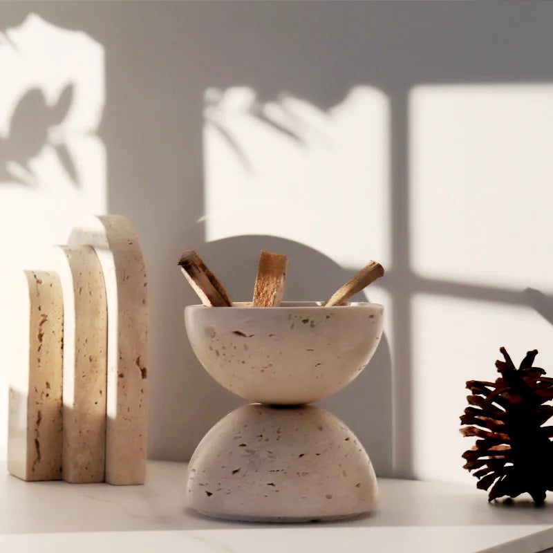 DecorBites™ Beige Travertine Marble 9-Hole Sphere Incense Burner Burner Wood Plate Holder