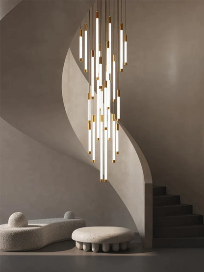DecorBites™ Golden Tube Chandelier: Modern Designer LED Staircase Light for Nordic Loft Apartment