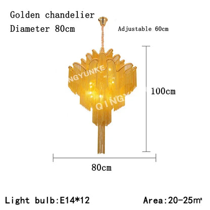 DecorBites™ Fringed Chandelier: Silver & Gold Aluminium Chain Pendant Light for Luxe Home & Hotel Decor