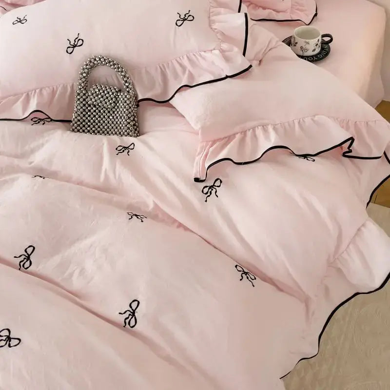 DecorBites™ Bow Embroidery Bedding Set with Ruffles