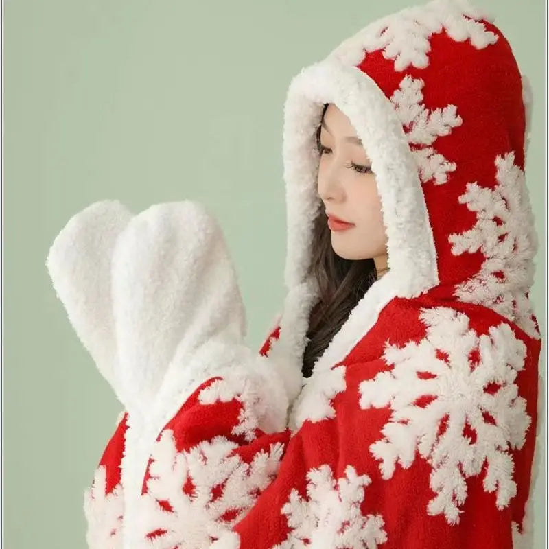 DecorBites™ Hooded Christmas Coral Velvet Wearable Blanket