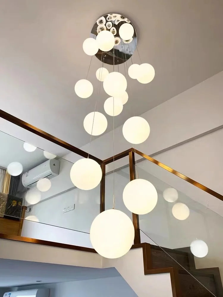 Stair long chandelier light luxury living room loft high duplex building hollow Nordic minimalist glass spherical LED light