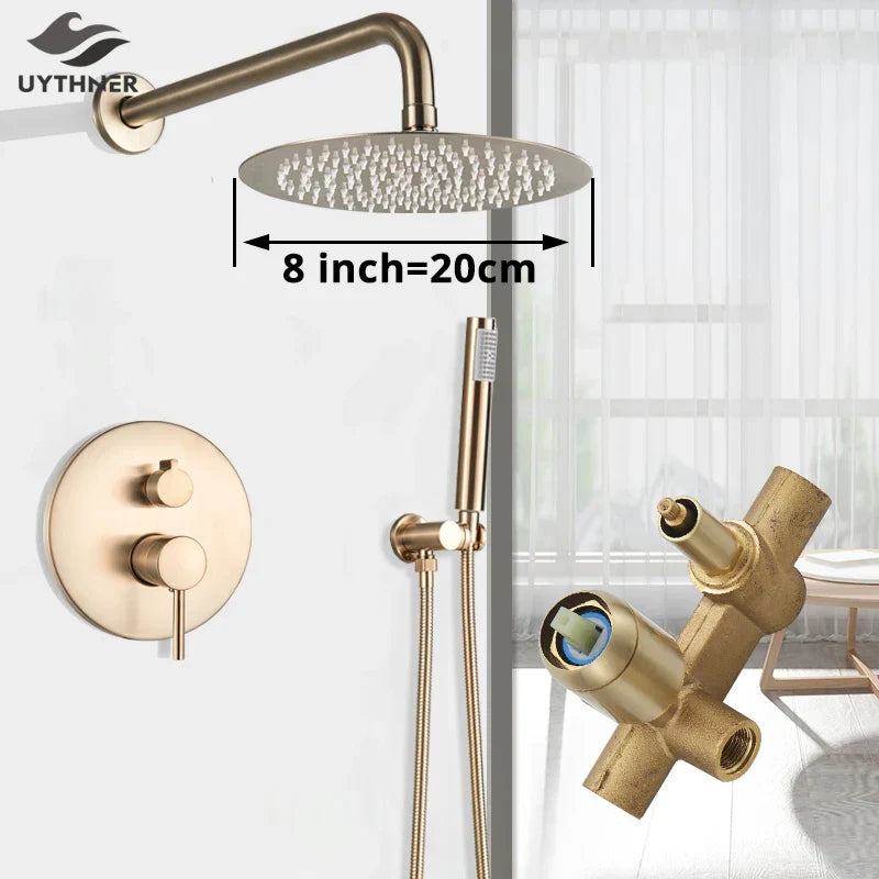 DecorBites™ Gold Shower Faucet with Rainfall Head and Hand Sprayer - Wall Mount Mixer Set