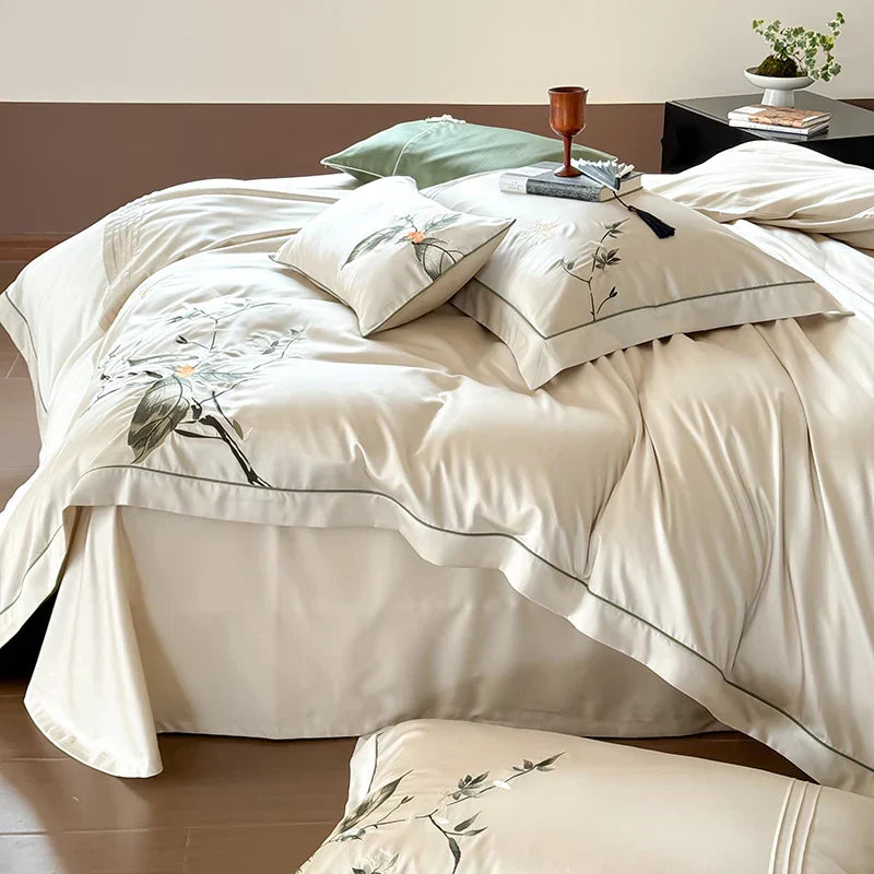 Decobites Deluxe Lyocell Cotton Embroidery Bedding Set - Soft, Silky, Breathable Luxury Bed Set