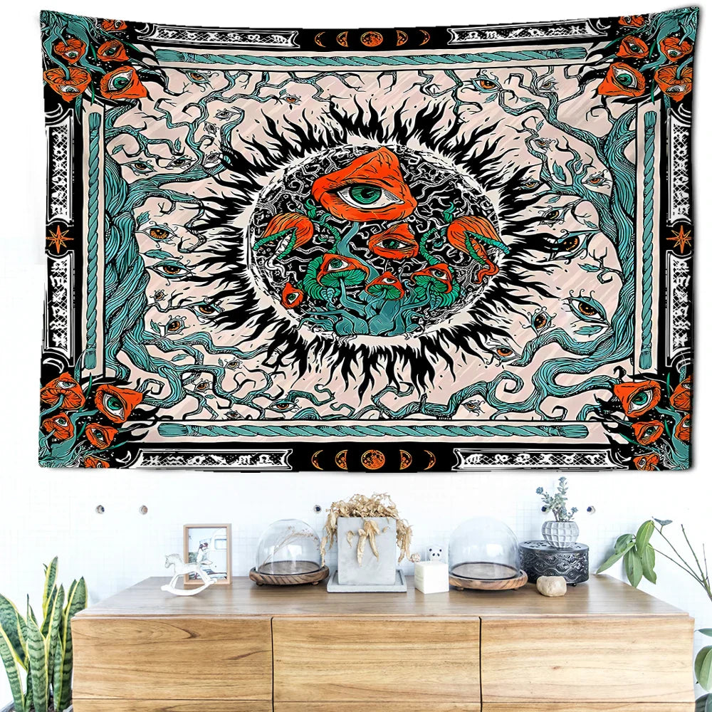 Orange Eyed Mushroom Sun Tapestry - Decobites Abstract Psychedelic Room Decor