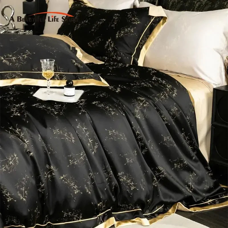 Conjunto de Ropa de Cama Luxe Eucalyptus™ en Negro/Oro de Decorbites - Suave como la Seda y Amigable con la Piel