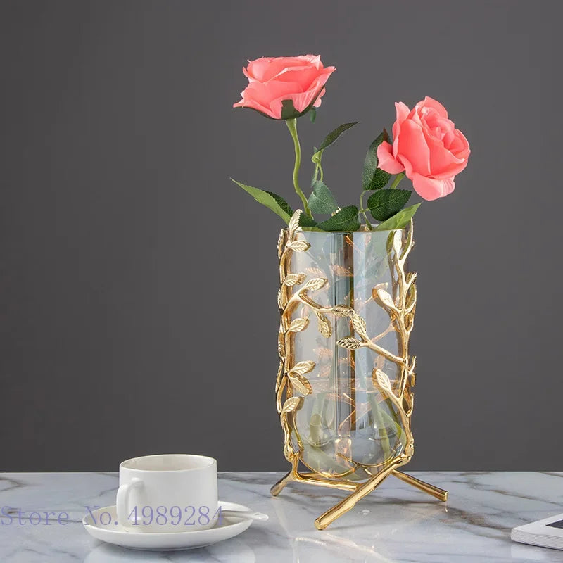 DecorBites™ Gold Frame Glass Vase with Rattan Branches for Home Decor & Flower Arrangement