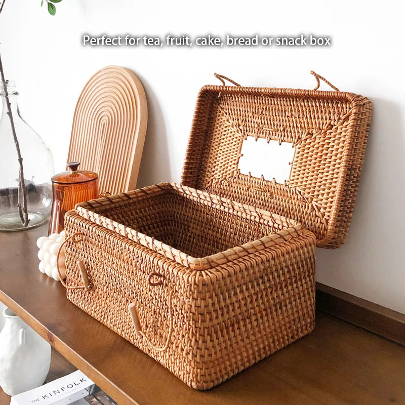DecorBites™ Handwoven Rattan Storage Box Tea Food Container with Handle